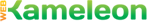 Webkameleon logo - pomarańczowe Web pisane pionowo, Kameleon na zielono
